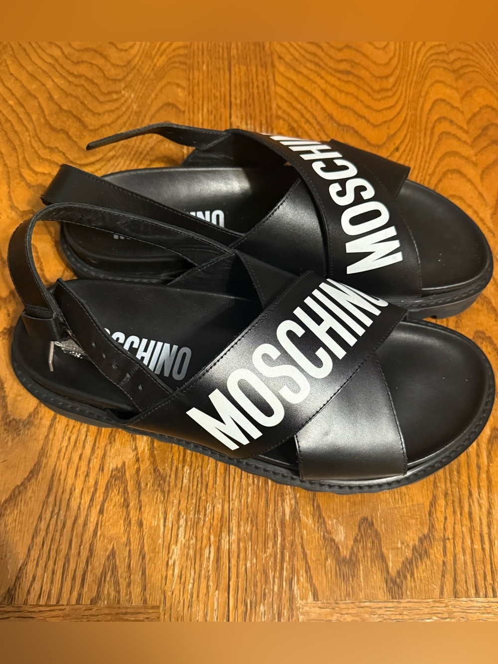 Moschino Black & White Calf Leather Sandals Sz 44 or US Wmn's 12 Men's 10